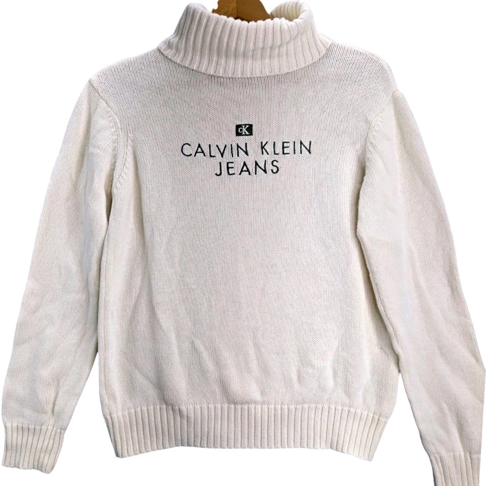 Calvin Klein Logo‎ Sweater Cream 100% Cotton Long Sleeve Knit Pullover S Y2K
